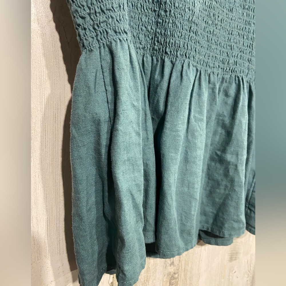 Madewell Blue Linen-Blend Lucie Smocked Peplum Top Blouse XS - Picture 6 of 9